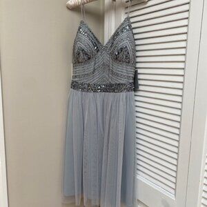 New Marina 10 Beaded Bodice Tulle Dress Fit Flare Knee Length Blue Cocktail